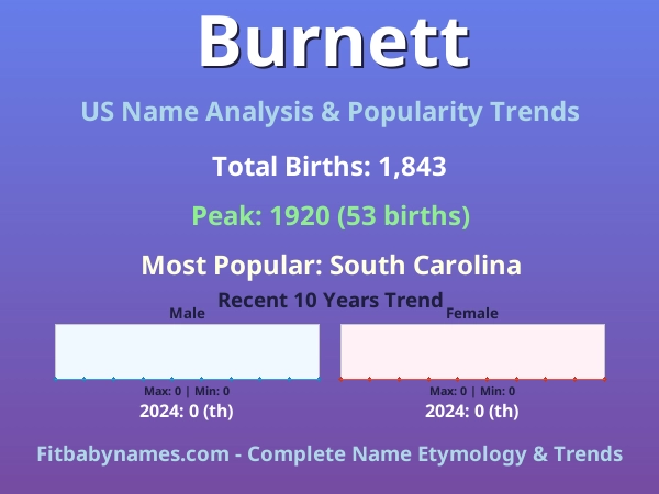 Infographic: Burnett name meaning, origin, and popularity trends in the United States (US baby name analysis chart)