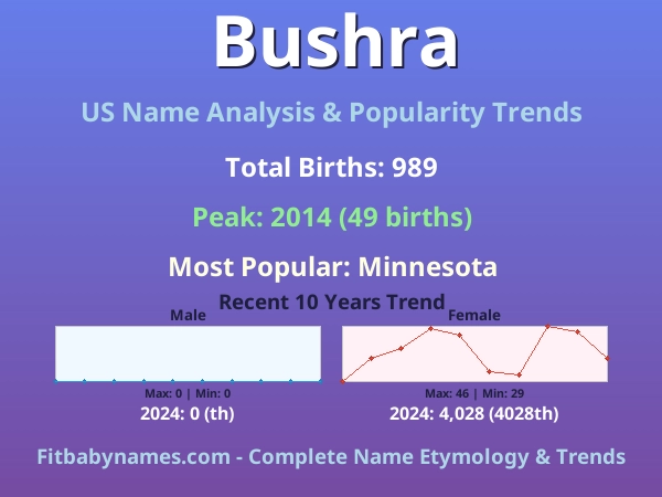 Infographic: Bushra name meaning, origin, and popularity trends in the United States (US baby name analysis chart)