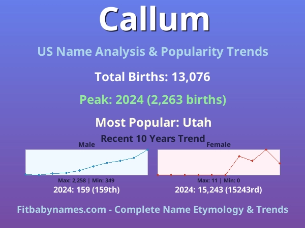 Infographic: Callum name meaning, origin, and popularity trends in the United States (US baby name analysis chart)