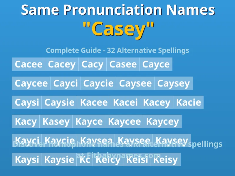 Infographic: Casey same pronunciation names, similar names, and homophone names