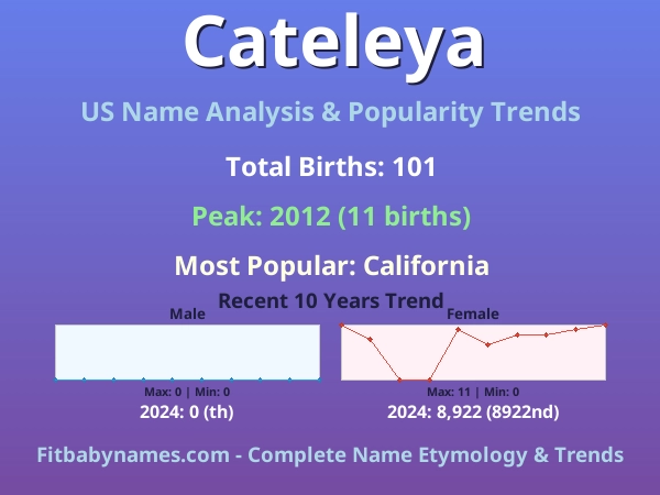 Infographic: Cateleya name meaning, origin, and popularity trends in the United States (US baby name analysis chart)