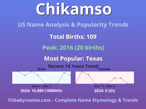 Infographic: Chikamso name meaning, origin, and popularity trends in the United States (US baby name analysis chart)
