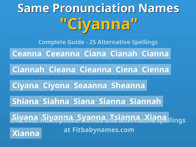 Infographic: Ciyanna same pronunciation names, similar names, and homophone names