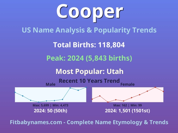 Infographic: Cooper name meaning, origin, and popularity trends in the United States (US baby name analysis chart)