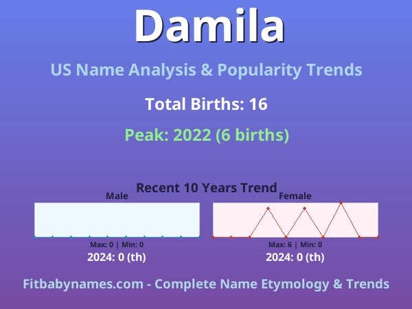 Infographic: Damila name meaning, origin, and popularity trends in the United States (US baby name analysis chart)