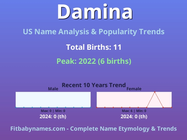 Infographic: Damina name meaning, origin, and popularity trends in the United States (US baby name analysis chart)