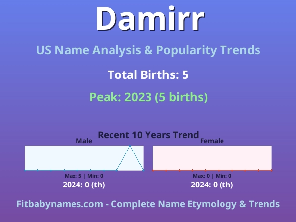 Infographic: Damirr name meaning, origin, and popularity trends in the United States (US baby name analysis chart)