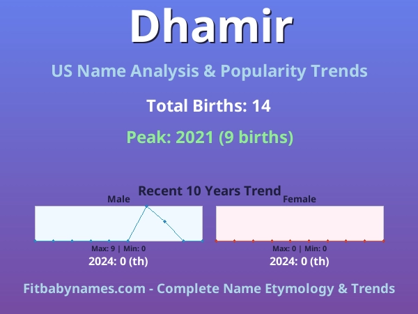 Infographic: Dhamir name meaning, origin, and popularity trends in the United States (US baby name analysis chart)