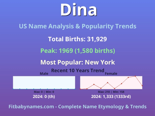 Infographic: Dina name meaning, origin, and popularity trends in the United States (US baby name analysis chart)