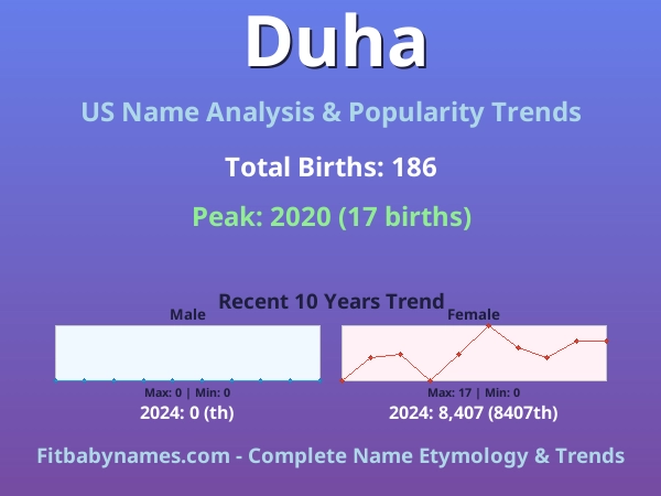 Infographic: Duha name meaning, origin, and popularity trends in the United States (US baby name analysis chart)