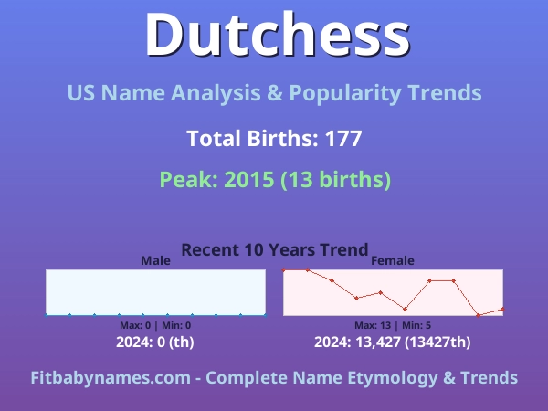Infographic: Dutchess name meaning, origin, and popularity trends in the United States (US baby name analysis chart)