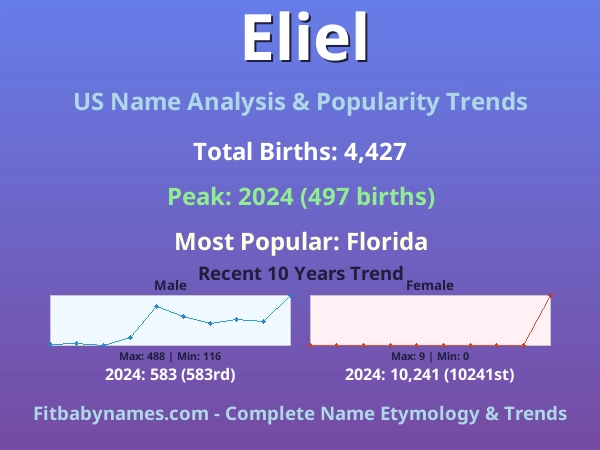 Infographic: Eliel name meaning, origin, and popularity trends in the United States (US baby name analysis chart)