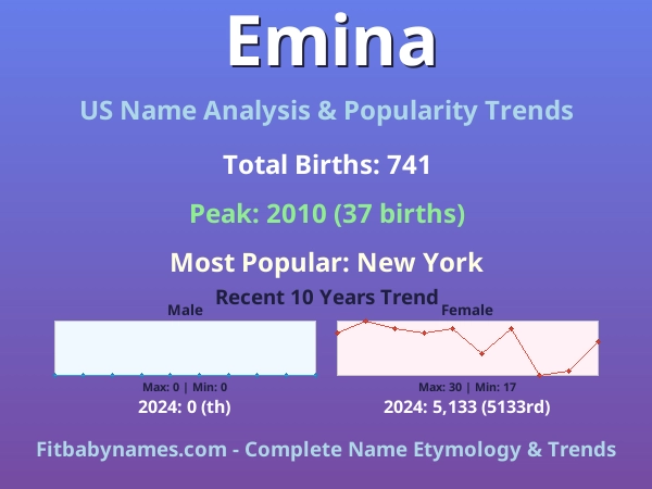 Infographic: Emina name meaning, origin, and popularity trends in the United States (US baby name analysis chart)