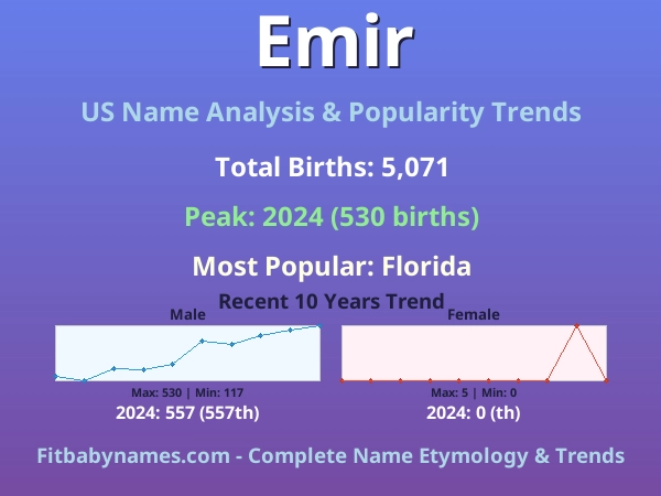 Infographic: Emir name meaning, origin, and popularity trends in the United States (US baby name analysis chart)