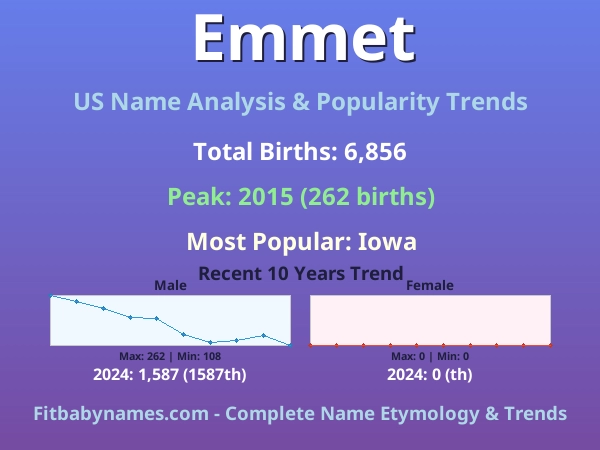 Infographic: Emmet name meaning, origin, and popularity trends in the United States (US baby name analysis chart)