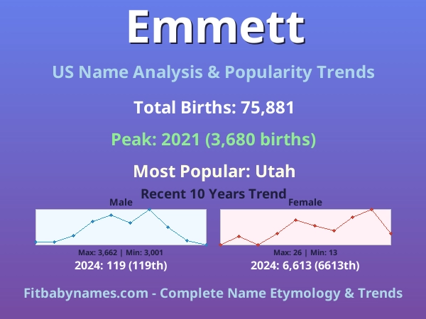 Infographic: Emmett name meaning, origin, and popularity trends in the United States (US baby name analysis chart)