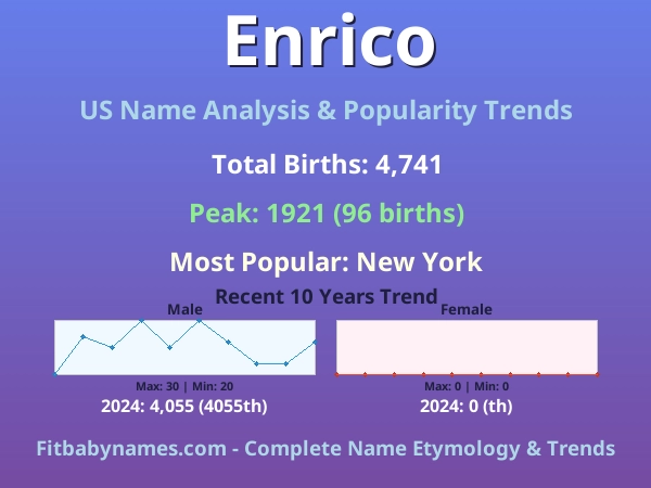 Infographic: Enrico name meaning, origin, and popularity trends in the United States (US baby name analysis chart)