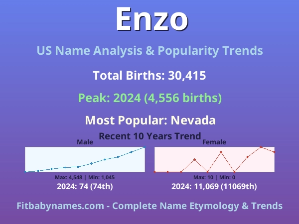 Infographic: Enzo name meaning, origin, and popularity trends in the United States (US baby name analysis chart)
