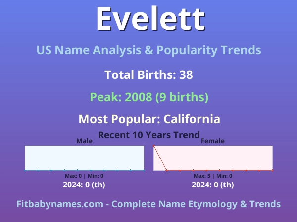 Infographic: Evelett name meaning, origin, and popularity trends in the United States (US baby name analysis chart)
