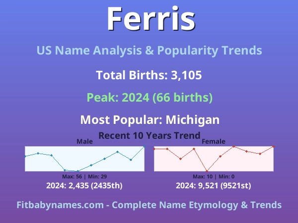 Infographic: Ferris name meaning, origin, and popularity trends in the United States (US baby name analysis chart)