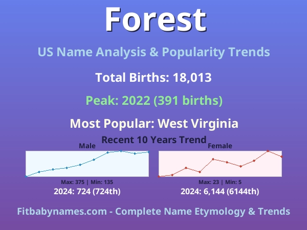 Infographic: Forest name meaning, origin, and popularity trends in the United States (US baby name analysis chart)