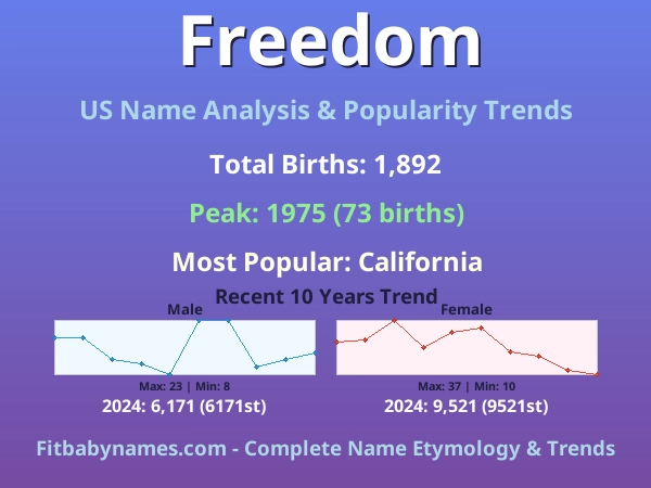 Infographic: Freedom name meaning, origin, and popularity trends in the United States (US baby name analysis chart)