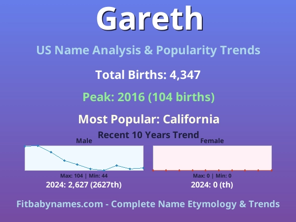 Infographic: Gareth name meaning, origin, and popularity trends in the United States (US baby name analysis chart)