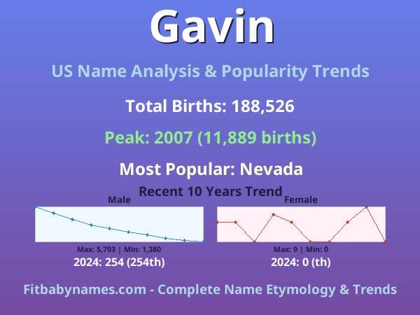 Infographic: Gavin name meaning, origin, and popularity trends in the United States (US baby name analysis chart)