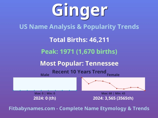 Infographic: Ginger name meaning, origin, and popularity trends in the United States (US baby name analysis chart)