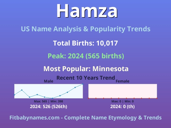 Infographic: Hamza name meaning, origin, and popularity trends in the United States (US baby name analysis chart)