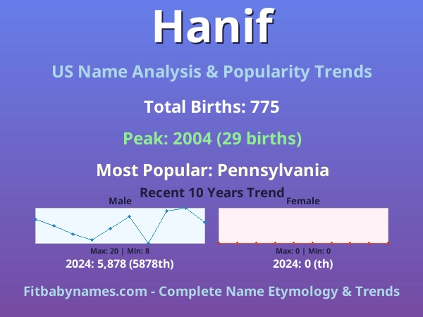 Infographic: Hanif name meaning, origin, and popularity trends in the United States (US baby name analysis chart)