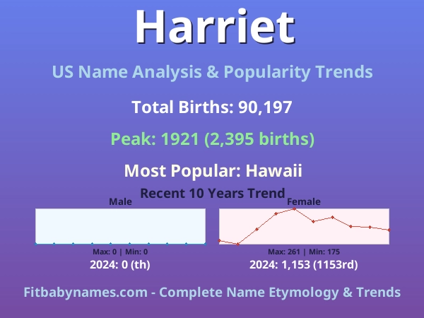 Infographic: Harriet name meaning, origin, and popularity trends in the United States (US baby name analysis chart)