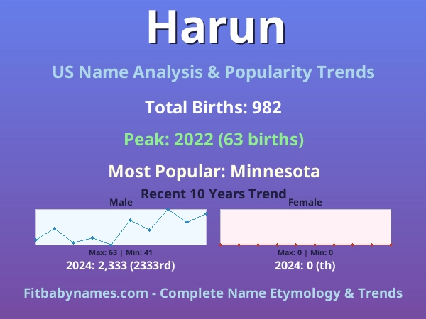 Infographic: Harun name meaning, origin, and popularity trends in the United States (US baby name analysis chart)