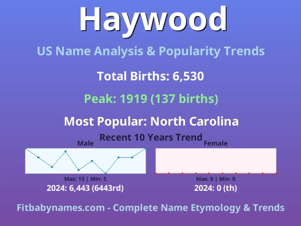 Infographic: Haywood name meaning, origin, and popularity trends in the United States (US baby name analysis chart)