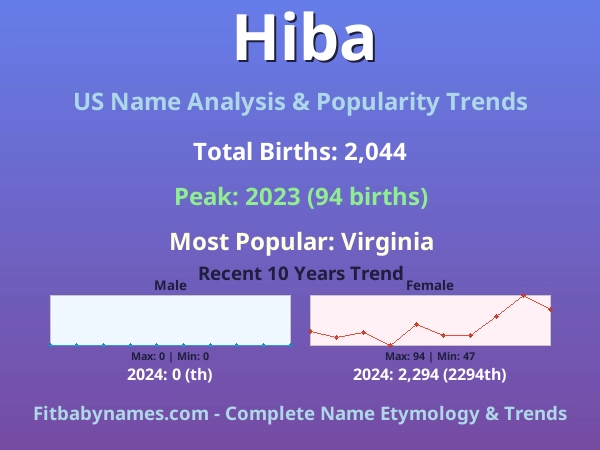 Infographic: Hiba name meaning, origin, and popularity trends in the United States (US baby name analysis chart)