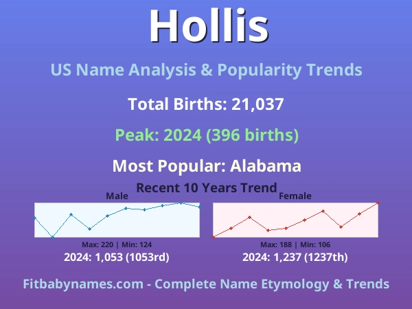 Infographic: Hollis name meaning, origin, and popularity trends in the United States (US baby name analysis chart)
