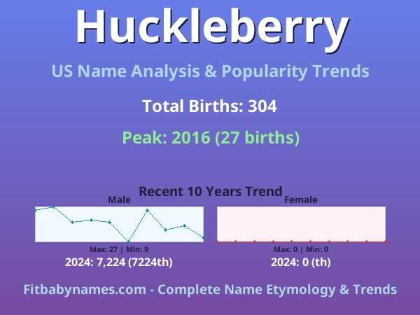 Infographic: Huckleberry name meaning, origin, and popularity trends in the United States (US baby name analysis chart)