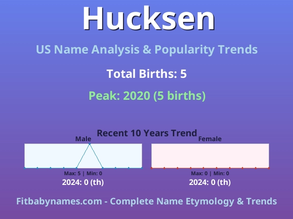 Infographic: Hucksen name meaning, origin, and popularity trends in the United States (US baby name analysis chart)