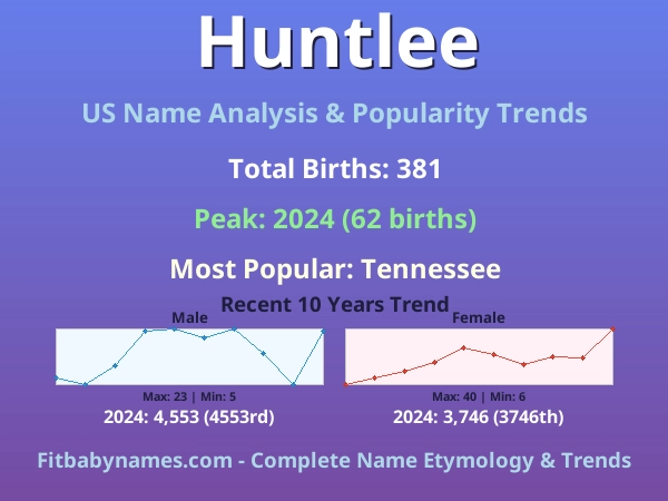 Infographic: Huntlee name meaning, origin, and popularity trends in the United States (US baby name analysis chart)