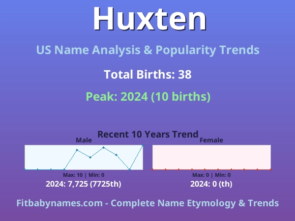 Infographic: Huxten name meaning, origin, and popularity trends in the United States (US baby name analysis chart)