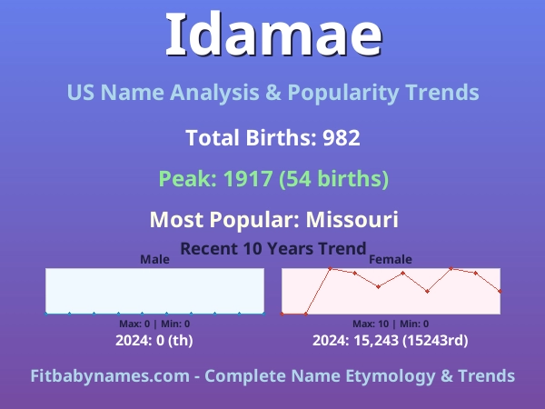 Infographic: Idamae name meaning, origin, and popularity trends in the United States (US baby name analysis chart)