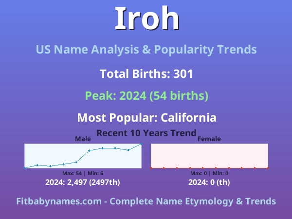 Infographic: Iroh name meaning, origin, and popularity trends in the United States (US baby name analysis chart)