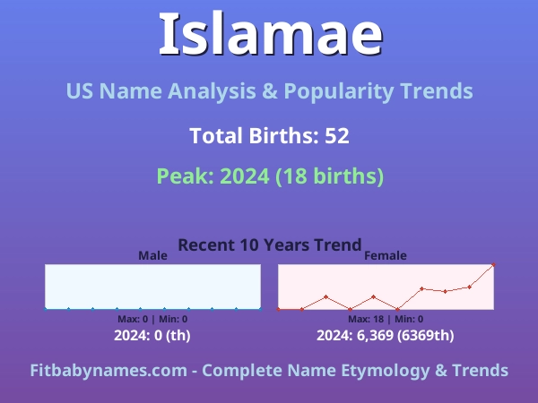 Infographic: Islamae name meaning, origin, and popularity trends in the United States (US baby name analysis chart)