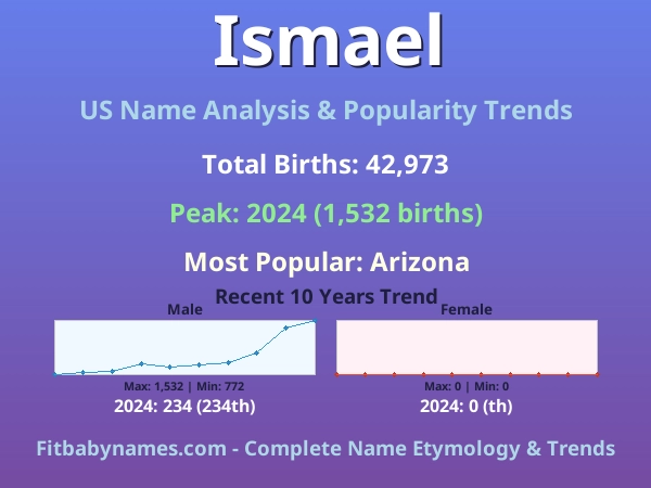 Infographic: Ismael name meaning, origin, and popularity trends in the United States (US baby name analysis chart)