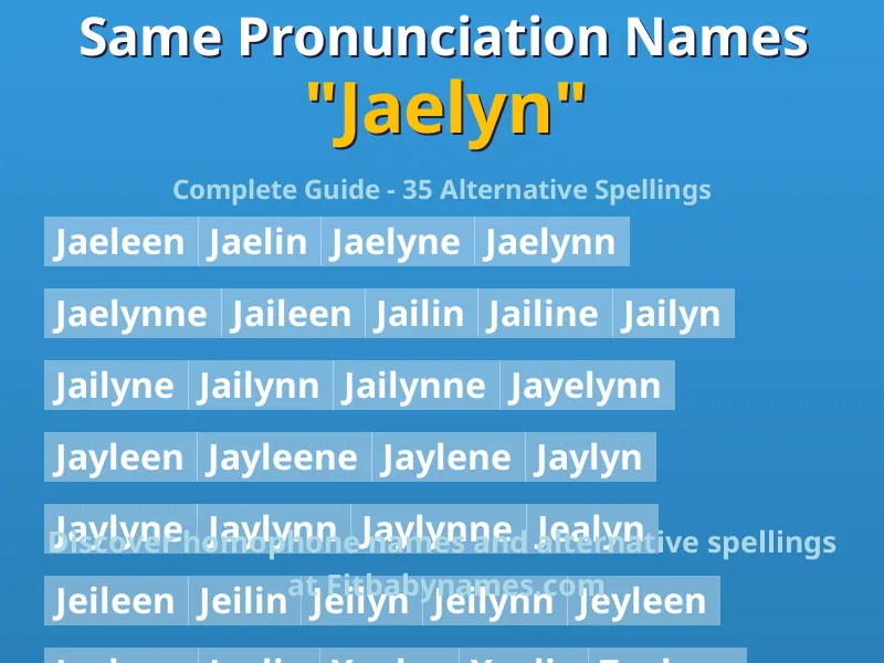 Infographic: Jaelyn same pronunciation names, similar names, and homophone names