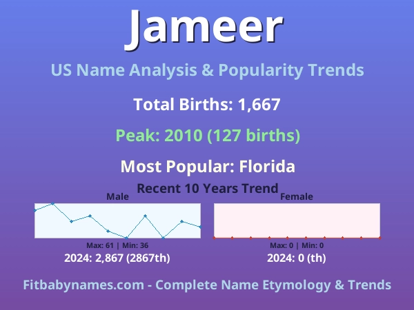 Infographic: Jameer name meaning, origin, and popularity trends in the United States (US baby name analysis chart)