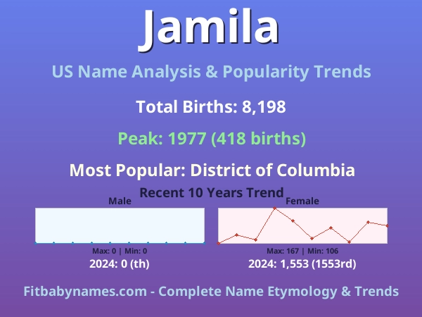Infographic: Jamila name meaning, origin, and popularity trends in the United States (US baby name analysis chart)