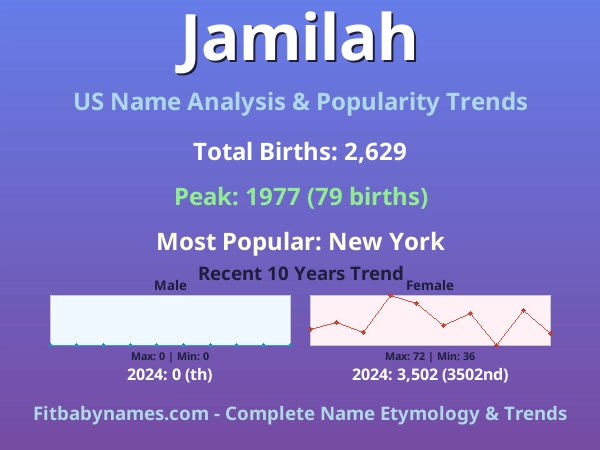 Infographic: Jamilah name meaning, origin, and popularity trends in the United States (US baby name analysis chart)