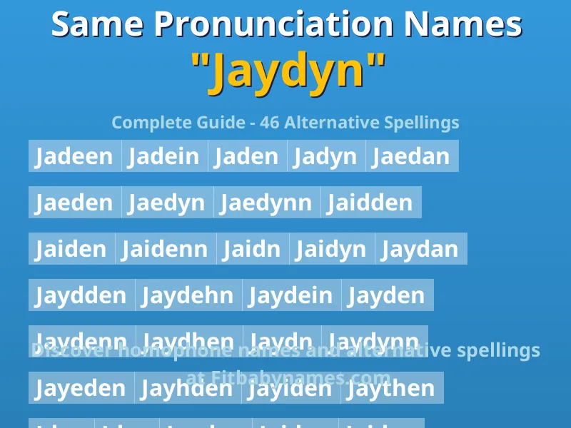 Infographic: Jaydyn same pronunciation names, similar names, and homophone names