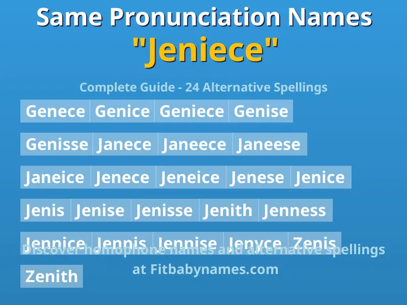 Infographic: Jeniece same pronunciation names, similar names, and homophone names